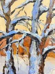 Original Oil Painting Winter Sunset Landscape Forest Impressionism Art Signed