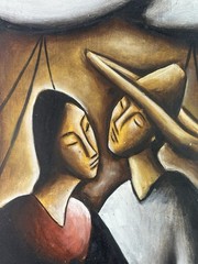 Beautiful Original Vintage Mexican Folk Art Painting Signed J Ortiz Oil On Board