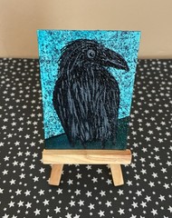 ACEO Original Mixed Media 2.5 x 3.5. 🐦‍⬛Blackbirds In Stardust 2 Series ~ 2/10