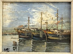 Vtg Original Signed Oil Painting Fishing Boat Harbor Port Seascape ￼Framed Small