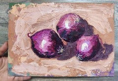 Original Oil Peinting Onions Still Life Kitchen Hand Painted Modern Art 12×8 in
