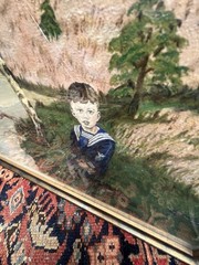Antique Early American Oil, Painting, Us Navy Boy In Uniform Landscape Original