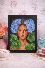 Blue Floral Portrait Painting 11×14 Framed Woman Face Wall Art