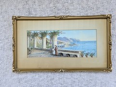Listed Italian Yves Gianni Antique 19thC Watercolor Painting Ornate Frame Monk