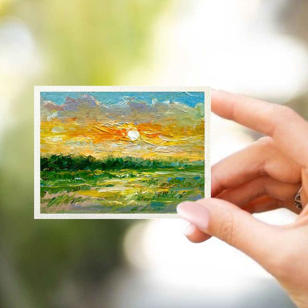 ACEO Original Oil Painting Evening Sunset#23 Art Cards Impasto 3.5×2.5 Signed OS