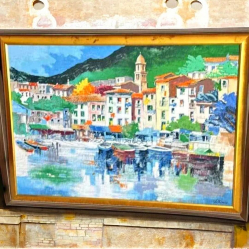Framed Oil Painting Riviera Ligure By Italian Artist Antonio Di Vicca