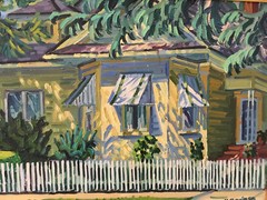 KEN CHRISTENSEN (AMER 1951-) LISTED “YELLOW HOUSE ON THE CORNER” OIL GOLD FRAMED