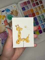 ACEO Original 2.5×3.5in Painting/animal Balloon Giraffe With A bee/ Mini Art