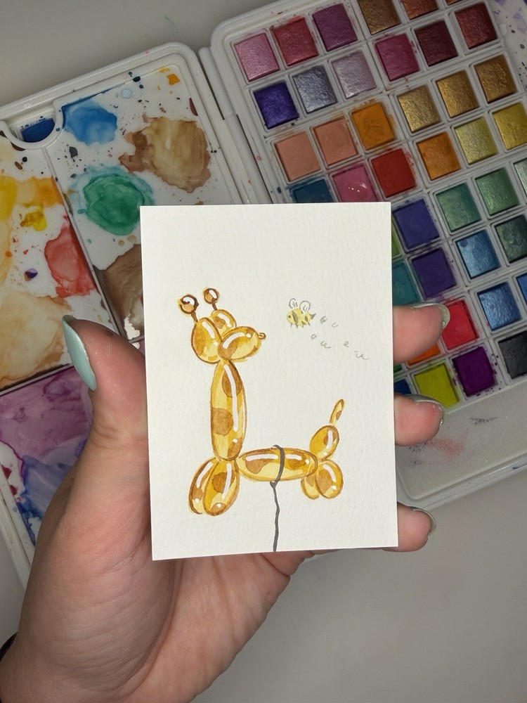 ACEO Original 2.5×3.5in Painting/animal Balloon Giraffe With A bee/ Mini Art
