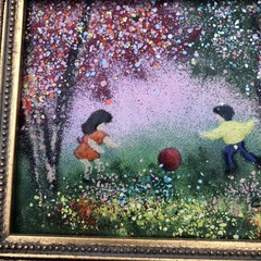 Enamel on Copper Children w/Ball Framed Art Signed by Louis Cardin 4″ X 5″