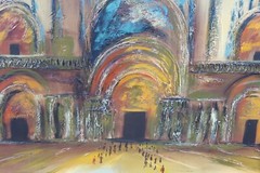 Vintage MCM Painting CARLO OF HOLLYWOOD Painting People Church Cathedral HUGE