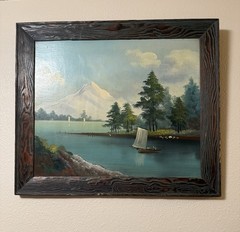 Antique Oil Painting Mountain Lake Sailboat Landscape on Rustic Wood Panel
