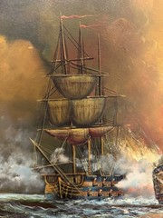 Naval Battle Tall Ships Armada Oil Painting Canvas 24×36 Signed G. Nelson