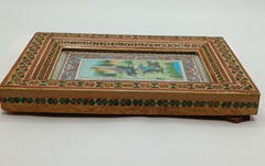 Vintage Persian Hand Crafted Small Painting Detailed Khatam Marquetry Wood Frame