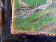 Oil painting Monogr. E.S. Path at the edge of a watermill with meadows and trees