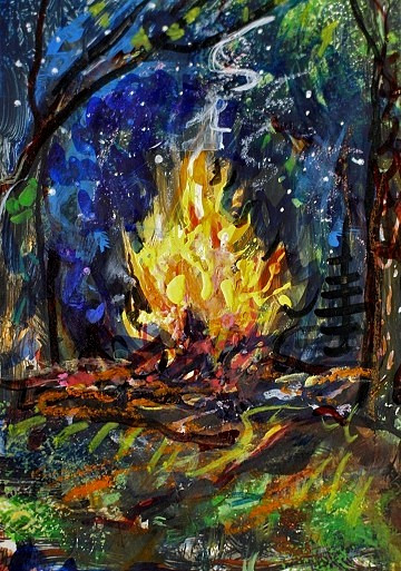ORIGINAL ACEO Painting CAMPFIRE Night Fire TREES Woods Bonfire Camping ATC ART