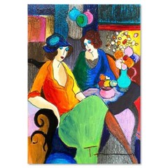 Itzchak Tarkay (1935-2012) „Chit Chat“ Mixed Media Over Paint on Wood Signed