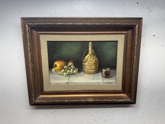 Vintage Signed Oil Painting Framed Ernst Schildt Fruit And Wine Still Life