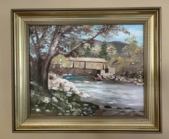 Landscape Oil Painting of Person Fishing In A Stream Near A Covered Bridge -1984