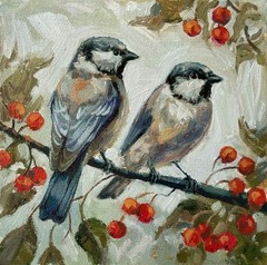 Original Oil Painting Pair of Birds on a Branch with Red Berries 8 x 8 inches