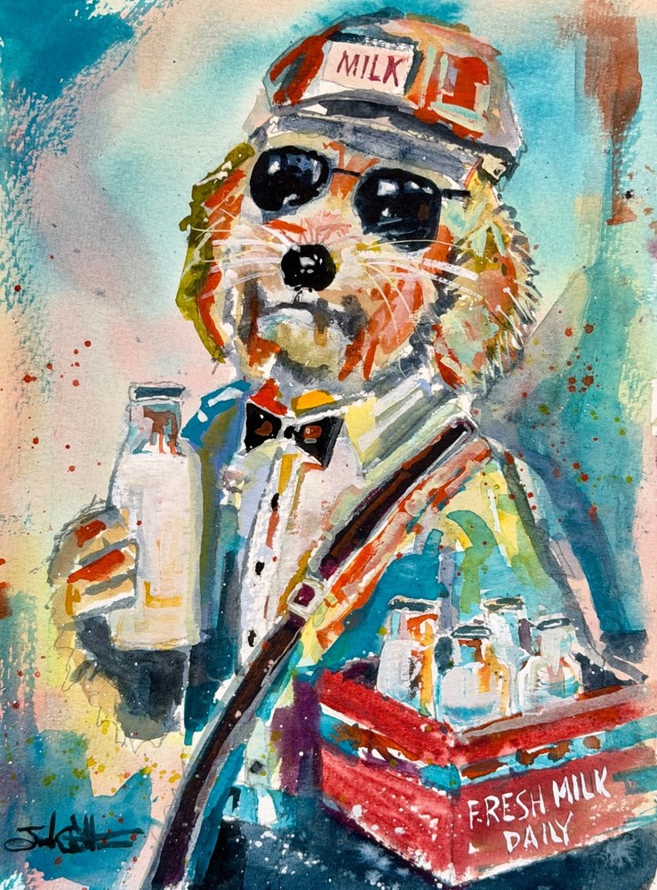 Cool Milkman Dog, Doodle – Original Watercolor, Whimsical Abstract – 9″ x 12″