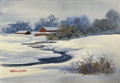 6”x8.5” Original Pamela Wilhelm Watercolor Landscape Winter Barns Frozen Creek