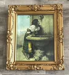 Oil Painting Copy ROMAN GIRL AT FOUNTAIN w/Giltwood & Gesso Rococo Style Frame
