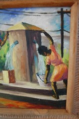 VTG 1969 FRAMED ORIGINAL HAITIAN FOLK ART WOMEN AT WELL ARTIST: FRITZNER DELUY