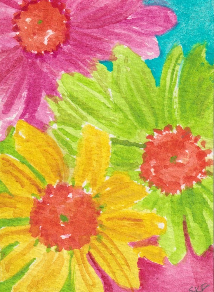 ACEO Original Colorful Daisies Watercolor Art Painting Sharon Foster
