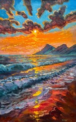 Large Sunset Sea Oil Painting Original Impressionist Landscape Modern Art 35×23