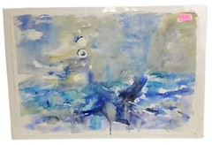 Original Blue Abstract Watercolor Painting 21¼x14½“ Sealed Signed M Jan Wurst