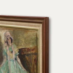 Framed Mid 20th Century Oil – Curtsy in the Green Dress