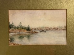 Antique Original Coastal Watercolor Seascape Nautical Landscape w/ Boat