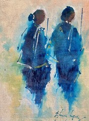 Pair Japanese MCM Art Abstract Walking Geisha Ladies Girls 27x32cm Retro Asian