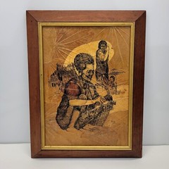 Pen & Ink Drawing on Peepal Leaf Thailand Tribes Mixed Media Art Signed Rom Vtg
