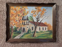 Vintage Framed Church Landscape 18″x14″ Canvas Panel Wall Art Oil Painting