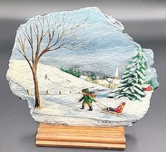 Hand painted Slate Winter Scene 6”X 5.5″ Approximately Signed K. Welch Snow Day