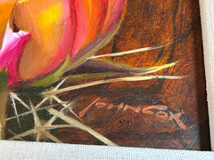 Listed Artist John Cox (1941- ) CACTUS FLOWERS Original Oil Painting 8×6″ 2014