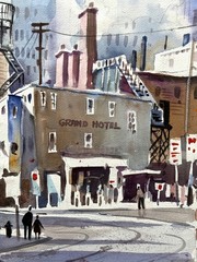 1960s Regionalist Painting of DOWNTOWN LOS ANGELES – GRAND HOTEL and CITY HALL