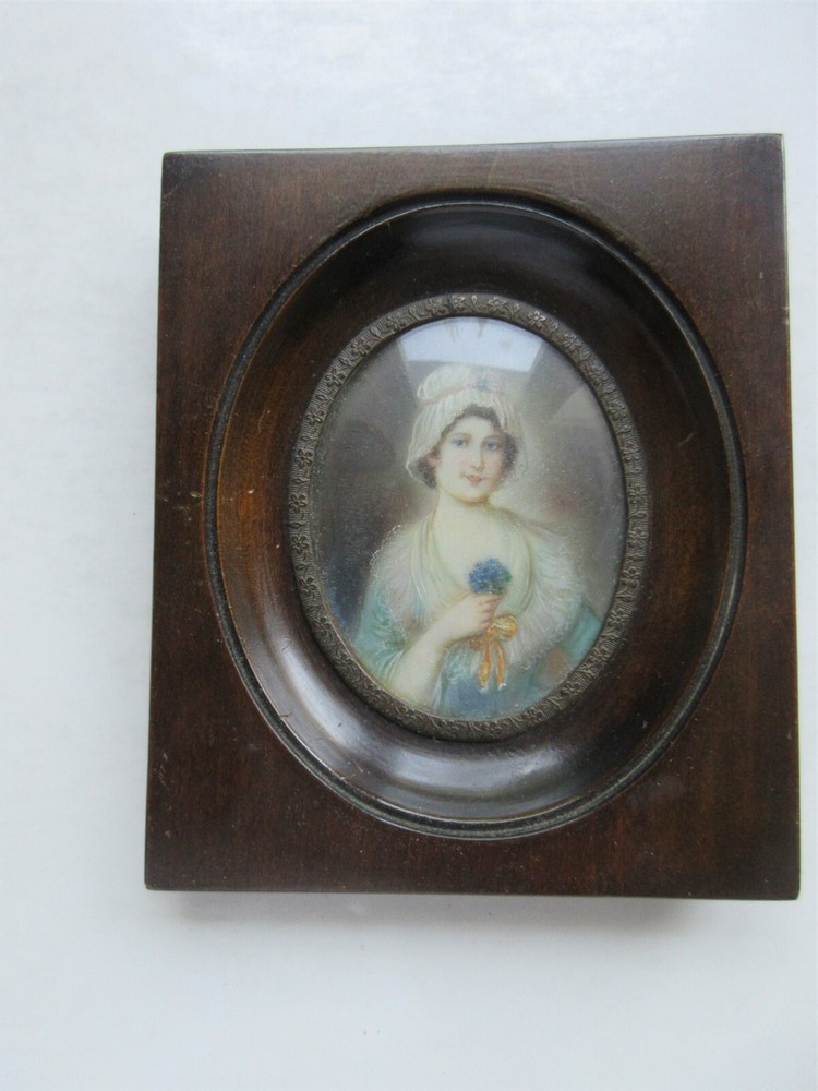 Antique miniature portrait of lady painting in period wooden frame