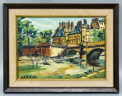 Original Oil Painting, Paris France Pont Neuf Bridge on the Seine, Mid Century