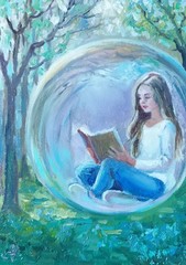 Reading a Book Girl Original Painting 7×10 in – Fantasy Landscape Artwork, Book