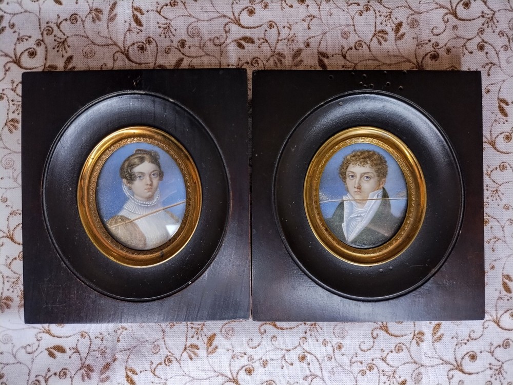 Antique Vintage Miniature Portrait Painting Pair – Husband and Wife