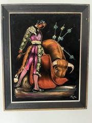 Vintage MCM Matador Bull Fighting Velvet Painting Hand Painted signed FG 15×19