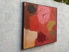 Large Abstract Painting in Reds by Artist John Luckett, 48” X 60”, Signed