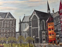 Huge Superb 1966 „Figures In Downtown NY City Street Scene“ Oil Painting -Framed