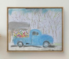 Original Mixed Media Retro Wall Art 11×14 Flowers Pickup Truck, Holly Hammond