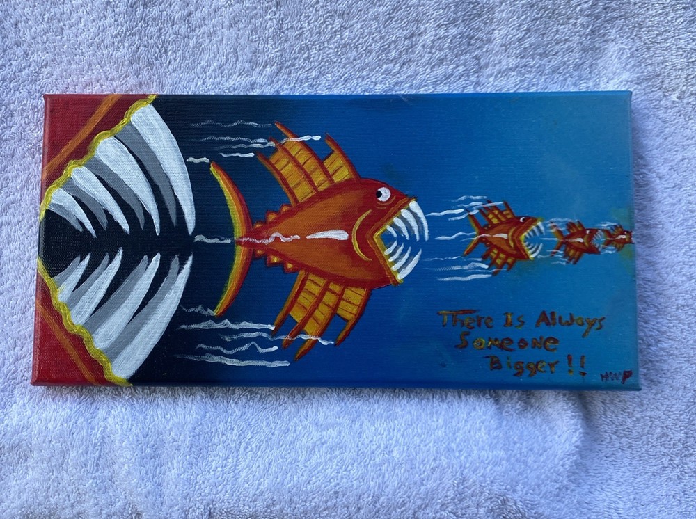 Original Primative Fish Art Painting On Canvas 14 x 7