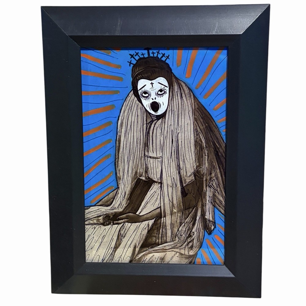 Original Painting Crown Of Crosses Woman Ooak Framed Horror Gothic Art Halloween