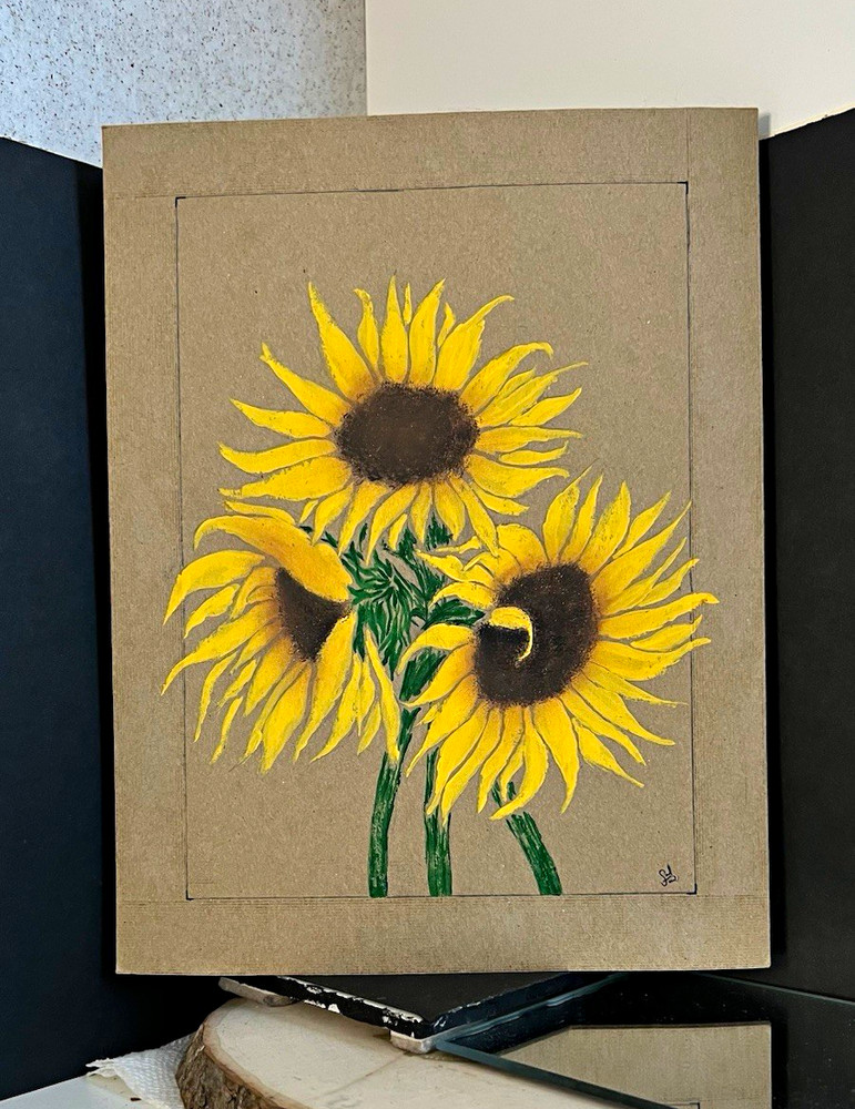 Original Realism Sunflower Floral Painting on Recycled Board, Unframed 8.5”x11”